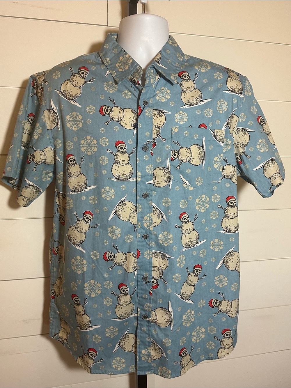 Light Blue Snowman Print Short-Sleeve Shirt